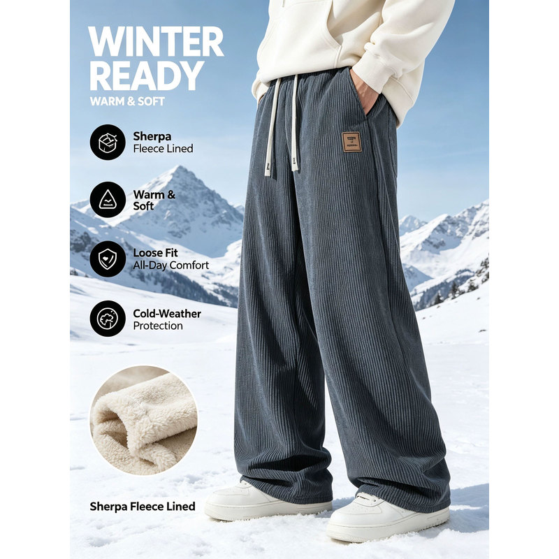Corduroy Pant Warm - กางเกงกีฬาฤดูหนาวสำหรับผู้ชาย กางเกงวอร์มผ้าคอร์ดูรอยทรงตรงสำหรับผู้ชาย เสื้อผ้าหนาและอบอุ่น กางเกงกันหนาวบุซับในสำหรับสภาพอากาศหนาวเย็น