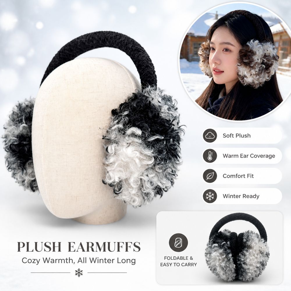 Earmuffs Foldable - ที่ปิดหูแบบพับได้ใหม่ ที่คาดผมถักนุ่ม ที่ปิดหูขนเฟอร์เทียม ขนเฟอร์เทียมหยิก ปิดหูให้อบอุ่น ที่ปิดหูสำหรับฤดูหนาว